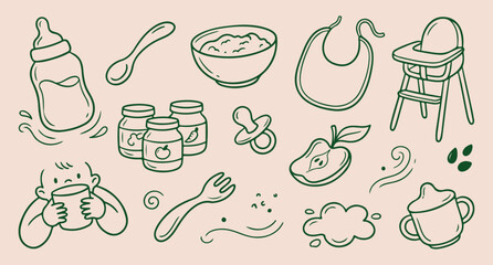 baby feeding pattern, infant mealtime accessories, healthy organic puree, cute nursery items, toddler nutrition care, minimal line art, vector background design
baby, feeding, pattern, infant, mealtim