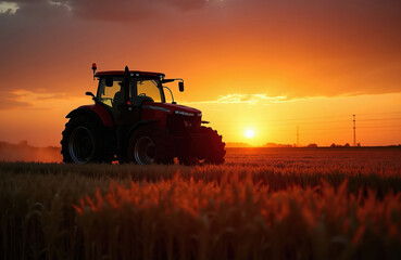 Fototapeta premium Red tractor works in golden wheat field at sunset. Agricultural machine harvests crop under bright orange sky. Rural landscape, dusk light, nature scene, farming operation in countryside.