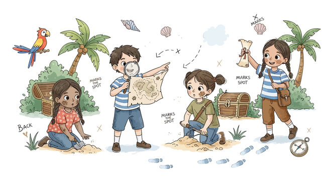 Children on treasure hunt with map and shovel on beach
