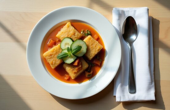 Plate of lontong lodeh with savory curry broth. Cubes of compressed rice cake swim in rich orange sauce with vegetables. Fresh cucumber slices and mint garnish the hearty dish.