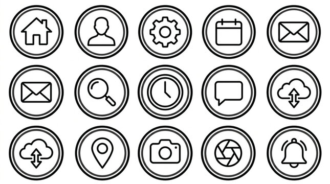 Collection of simple outline icons for digital interfaces and applications.