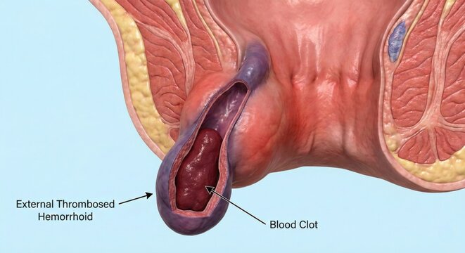 Hemorrhoid thrombosis medical illustration features enlarged external vein containing dense thrombus with surrounding inflammation and vascular congestion, clinical education render
