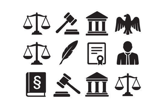 Law and justice icons set black silhouettes on white background