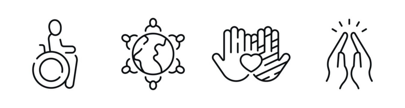 Wheelchair symbol, connected globe, caring hands, praying hands. Editable stroke