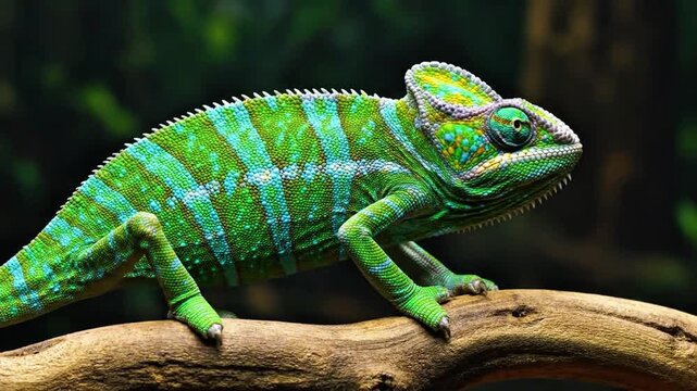 Colorful green chameleon portrait on branch, reptile eye detail and tropical nature
