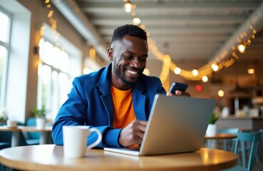 Obraz premium Smiling man works on laptop and phone in cafe. He wears blue jacket and orange shirt. Coffee cup on table. Blurred festive lights background. Modern workspace.