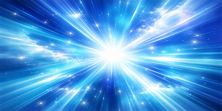 Abstract blue starburst background with glowing light rays and stars in space