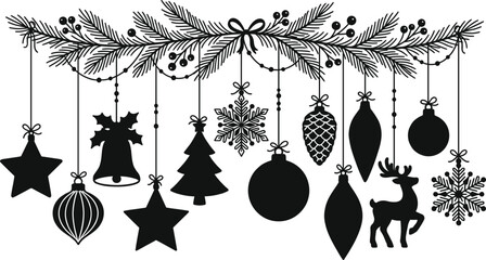 Festive Christmas Garland Silhouette with Hanging Ornaments Including Stars, Bells, Trees, Reindeer, and Snowflakes for Holiday Decoration Design © HASAN