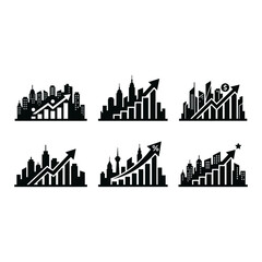 Fototapeta premium City Skyline Growth Charts, Financial Progress Icons, Business Success Arrows, Urban Development Vectors