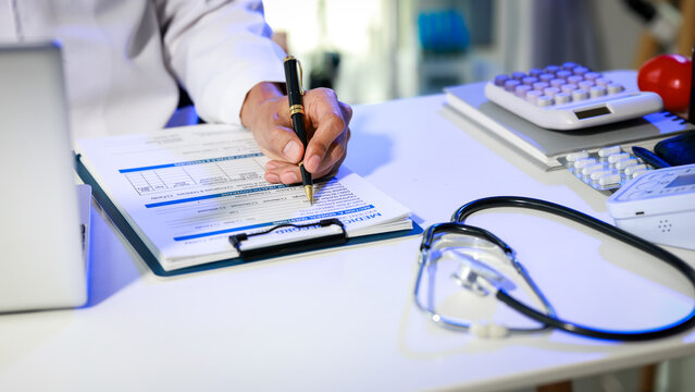 Doctor&rsquo;s hand filling out medical form on clipboard at clinic desk with stethoscope, calculator, and documents; close-up healthcare paperwork and administration concept