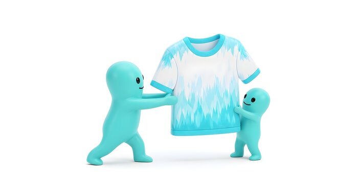 Two cyan characters holding a blue patterned t-shirt