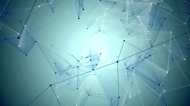 Plexus structure with dark blue and white triangular network faces moving on a light background.