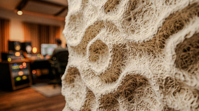 Organic mycelium acoustic panel in futuristic studio ambiance