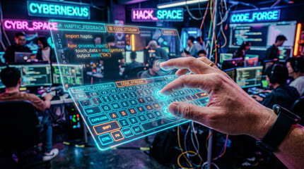 Obraz premium Fingers interacting with glowing holographic keyboard in cyber cafe