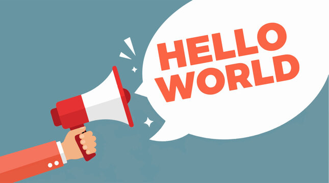 Vibrant Illustration of Hand Holding Megaphone with "Hello World" Speech Bubble