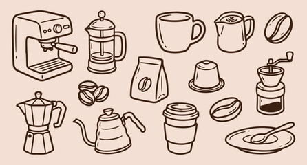 Coffee shop essentials, barista brewing set, minimalist caffeine icons, hand drawn coffee collection, monoline drink illustrations, coffee break objects, modern café design coffee, shop, essentials, b © Geetaroy