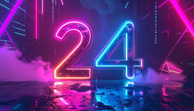 Neon numbers 24 glow brightly on wet ground with colorful lights reflecting.