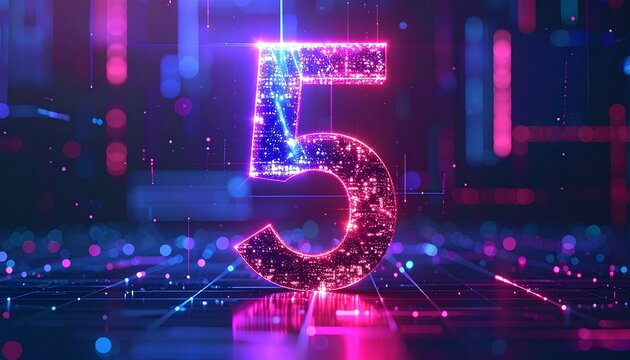 Glowing neon number five shines brightly on a futuristic digital background with vibrant purple and pink lights.