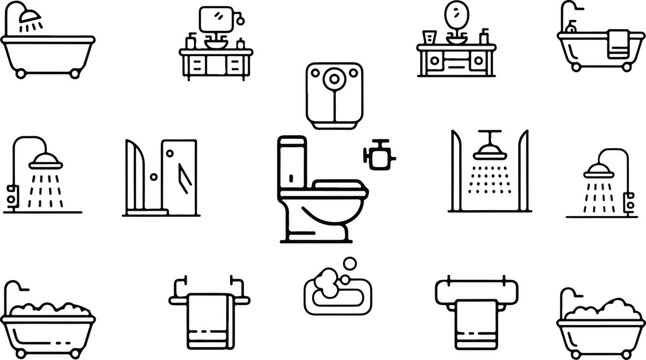 Clean outline home bathroom icon collection showing toilets sinks showers and bathtubs arranged in structured 3x5 grid for interior design visuals