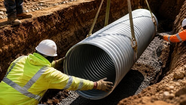 Workers Lowering Corrugated Steel Pipe Into Trench