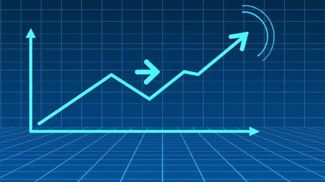Blue graph with upward trend lines and arrows indicating growth and progress on a grid background, showcasing a clear visual representation of data analysis and performance metrics