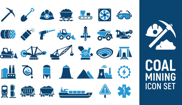 Coal Mining Icon Set Vector Graphics of Industry and Extraction Symbols