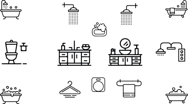 Clean outline home bathroom icon collection showing toilets sinks showers and bathtubs arranged in structured 3x5 grid for interior design visuals