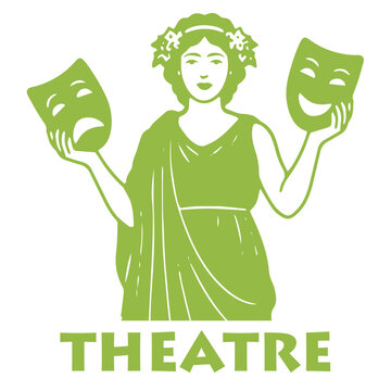 Classical Greek theater muse holding comedy and tragedy masks with typography in green line art