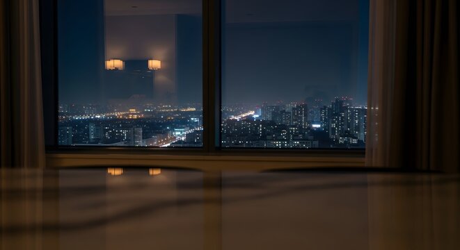 Night Cityscape Through Large Window Reflection, Urban Skyline at Dusk, Interior View