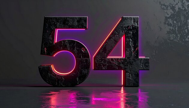 Glowing neon numbers fifty four illuminated on a dark surface indoors.