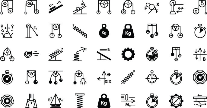 Physics icons display mechanical engineering principles and laboratory measurement instruments in a structured layout.