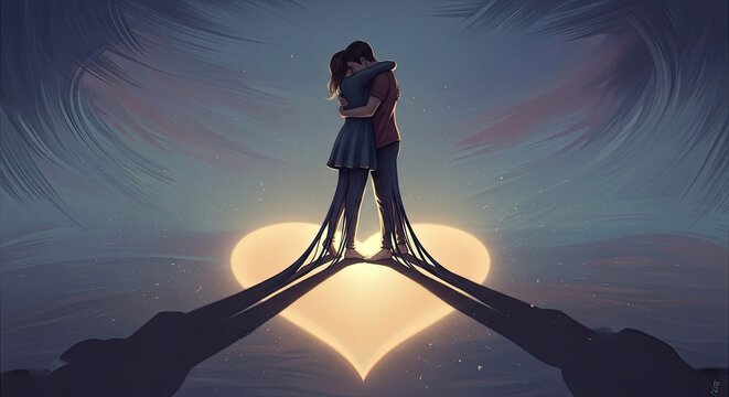 Couple Embrace Silhouette Heart Sunset.