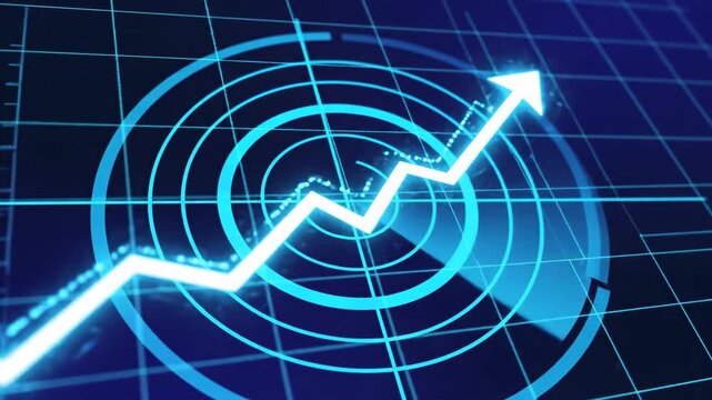 Blue digital graph with upward trend line and concentric circles on grid background, illustrating data growth and analysis in a modern technology setting
