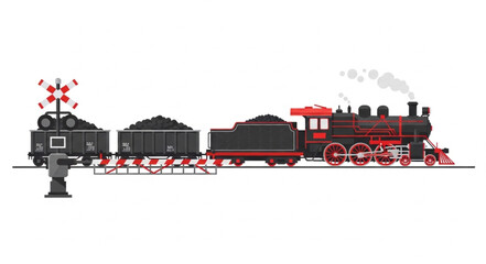 Vintage steam locomotive pulling coal cars on railway tracks. © Redasa