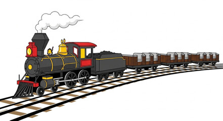 Vintage steam locomotive pulling freight cars on a railway track. © Redasa