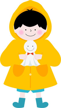 Cute Boy Wearing Raincoat Holding Teru Teru Bozu Illustration