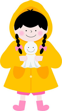 Cute Girl Wearing Raincoat Holding Teru Teru Bozu Illustration