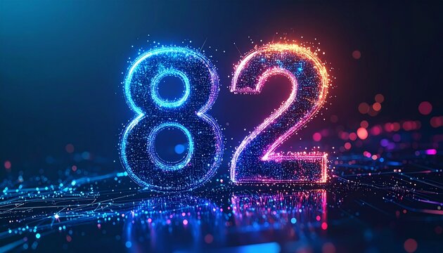 Glowing neon numbers eighty-two shine brightly on a dark futuristic cityscape at night