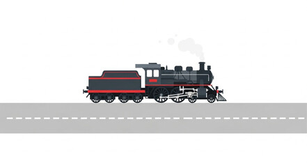 Vintage steam locomotive train on tracks with smoke. © Redasa