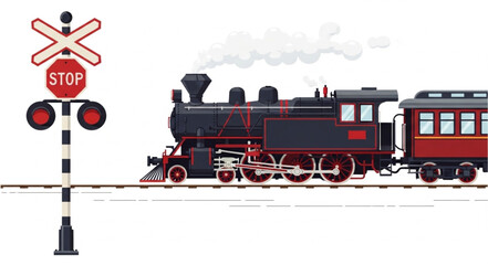 Vintage steam train approaching a railroad crossing sign. © Redasa