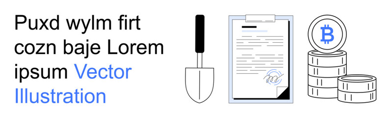 Cryptocurrency, blockchain, financial technology, mining digital assets, document security, smart contracts. Bitcoin coins, clipboard with document and shovel icon. Cryptocurrency and blockchain © robu_s
