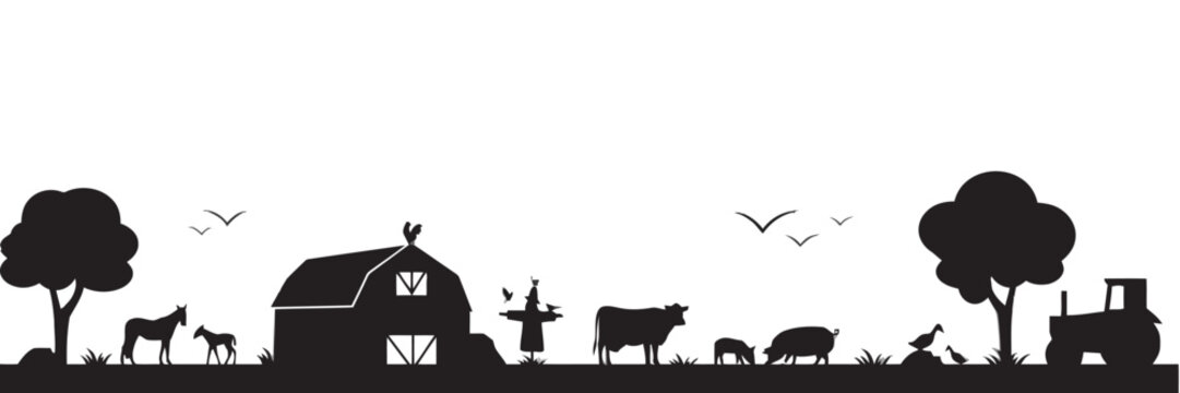 Farm life silhouette landscape with animals, barn and tractor
