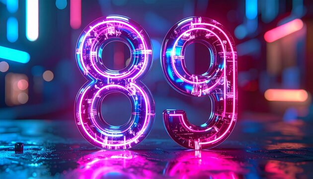 Glowing neon numbers eighty-nine on wet city street at night