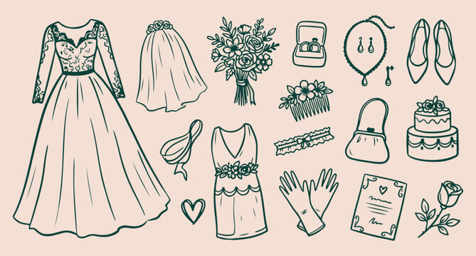 monoline vector fashion accessories, wedding day elements set, minimalist bridal design, vector fashion pattern, clean modern line art, romantic and stylish concept, elegant event details

