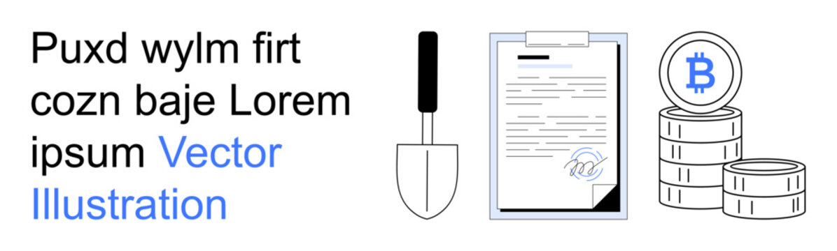 Cryptocurrency, blockchain, financial technology, mining digital assets, document security, smart contracts. Bitcoin coins, clipboard with document and shovel icon. Cryptocurrency and blockchain