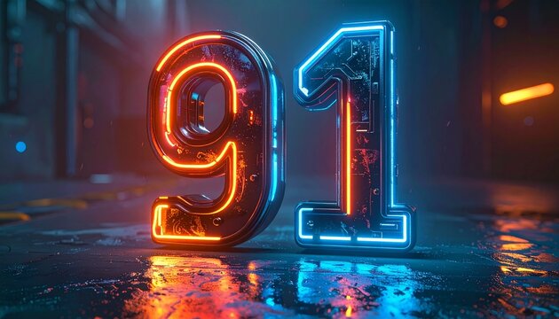 Neon numbers 91 glow brightly on wet pavement at night.