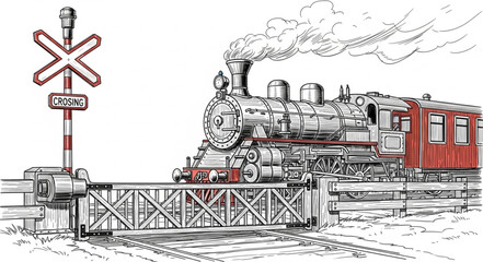 Vintage steam train crossing a railway bridge with a signal post. © Redasa