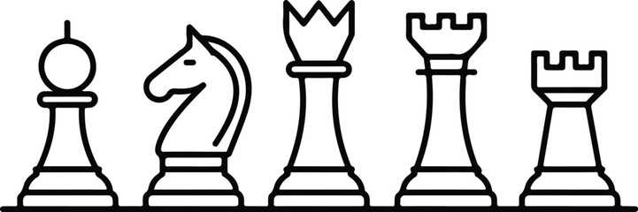 Clean vector chess concept showing single file arrangement of knight rooks queen and knights with precise outline and structured professional styling © Mehg