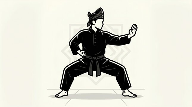 Dynamic illustration of a Southeast Asian martial arts practitioner in a powerful traditional combat stance, embodying discipline and cultural heritage