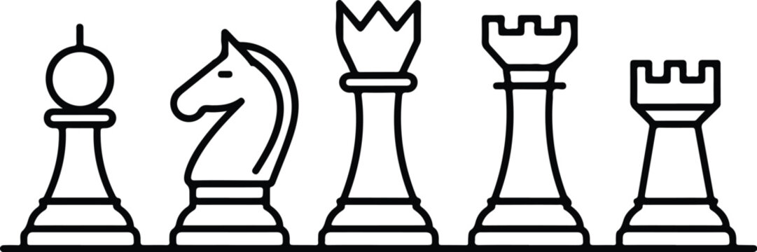 Clean vector chess concept showing single file arrangement of knight rooks queen and knights with precise outline and structured professional styling